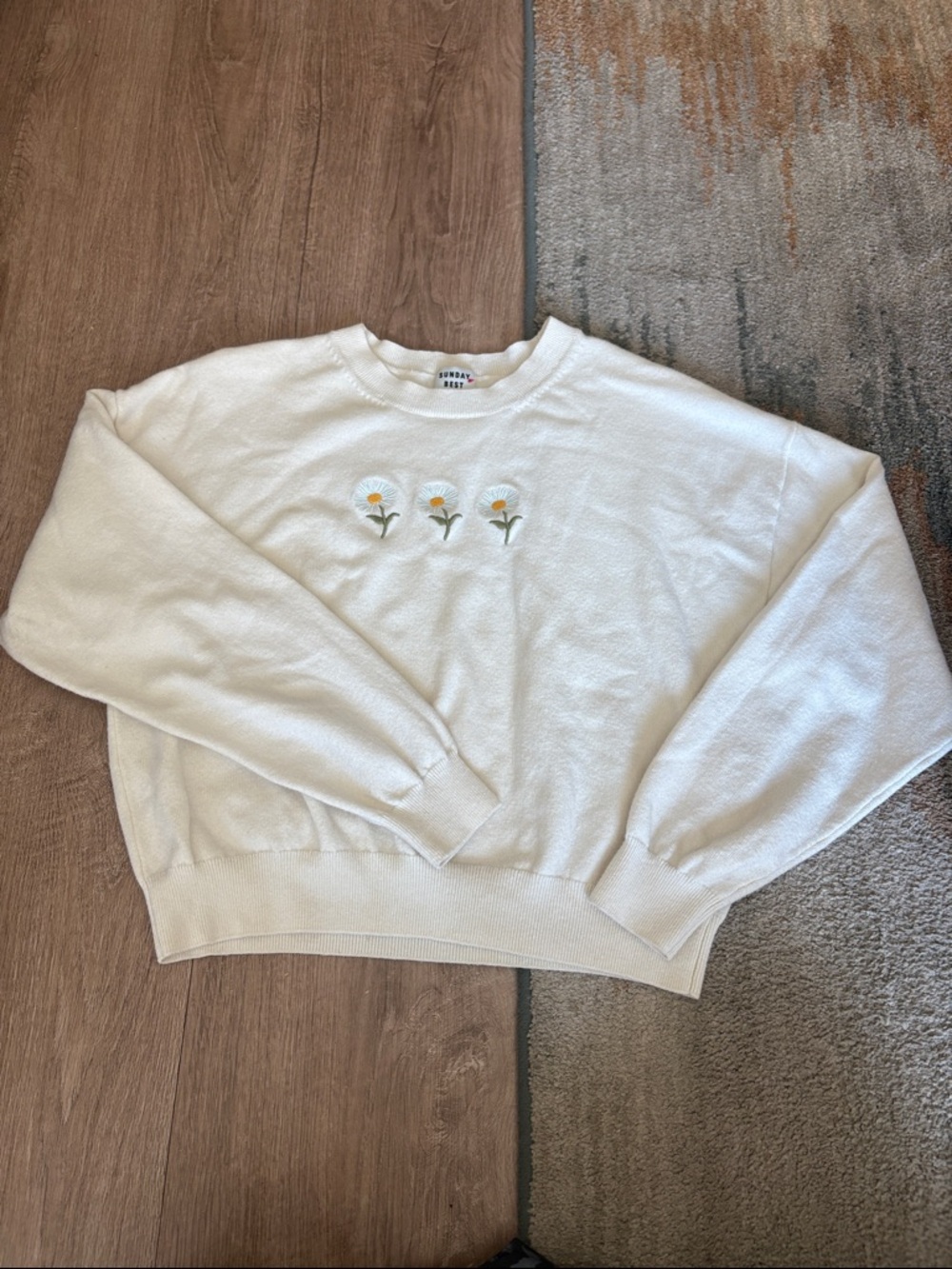 ARITIZIA Sunday Best Cream Crewneck Sweater with Daisy Embroidery
